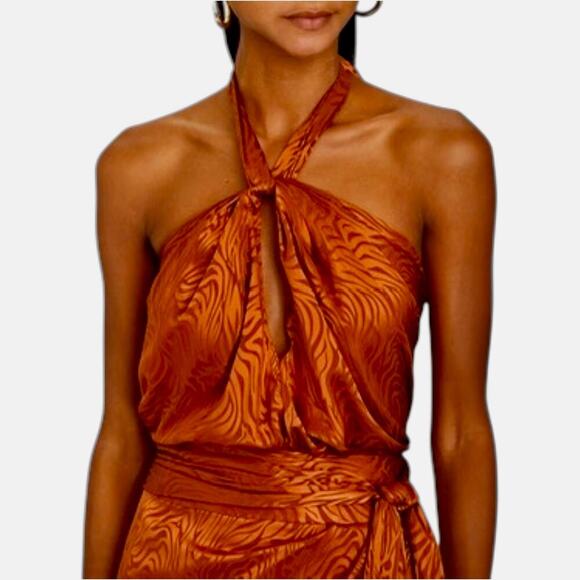 Ronny Kobo Tops - Ronny Kobo June Tiger Jacquard Halter Top Orange Red Silk Blend Small Blouse